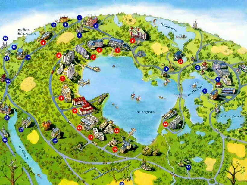 Схема мест отдыха у озера Нарочь