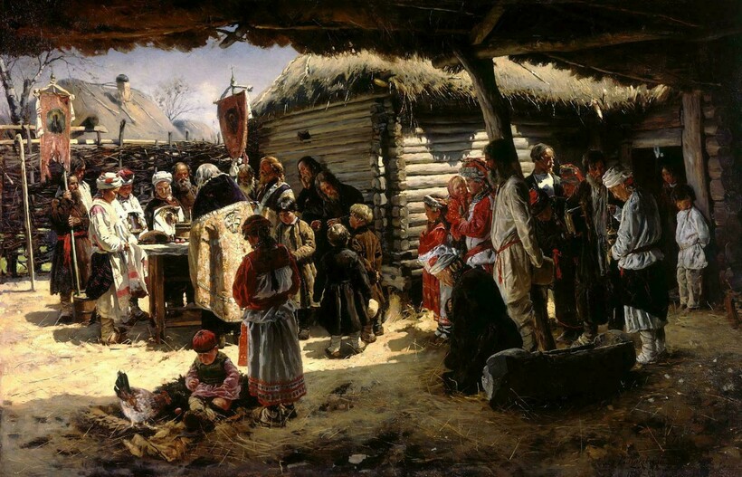 Освящение куличей и яиц на картине В. Маковского