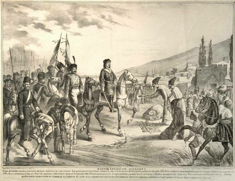 «Взятие крепости Дербент Петром Великим во время Персидского похода 1722 г.», литография