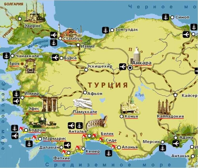 Карта Бодрума с достопримечательностями на русском языке на 2023 год