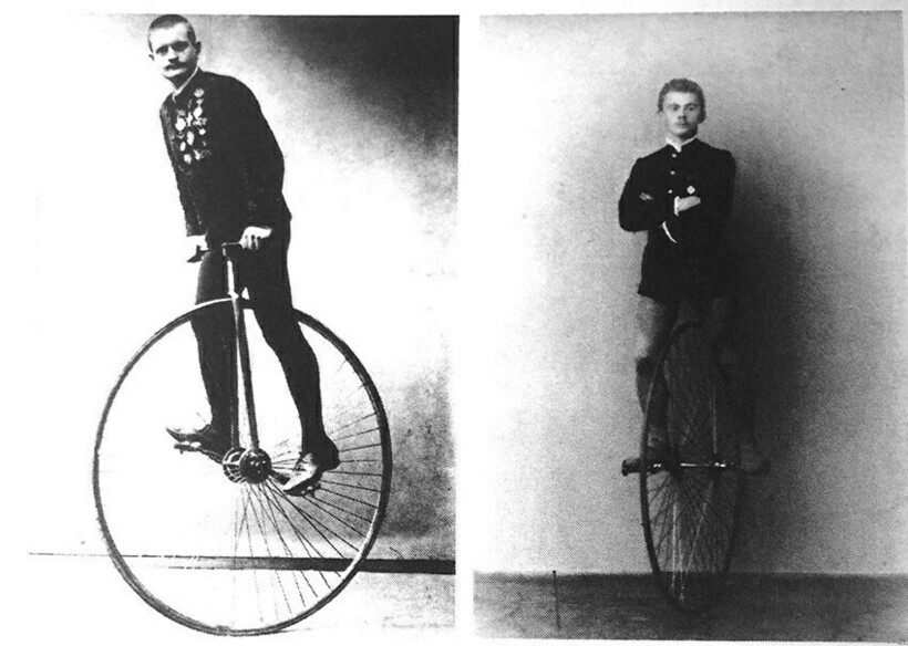 Моноколесники, которые сделали свои моноциклы из пенни-фартингов. 1880-е годы. Фото: onlinebicyclemuseum.co.uk