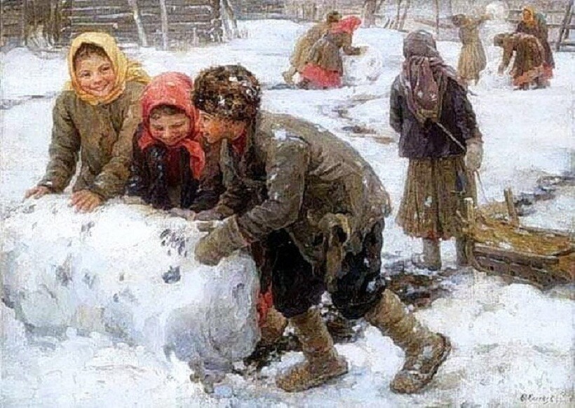 Картина «Лепка снеговика», Федот Сычков, 1910 г. Картина «Лепка снеговика», Федот Сычков, 1910 г.
