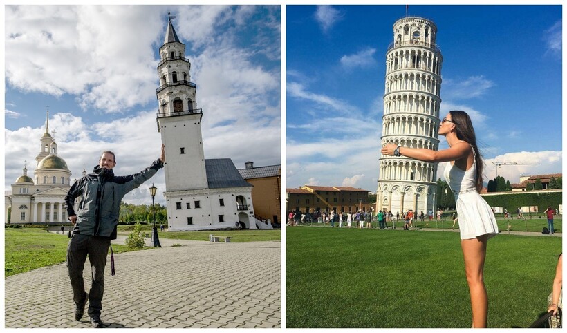 Слева — Невьянская башня, справа — Пизанская башня
