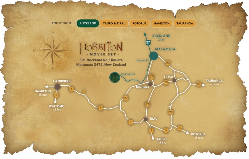 Как попасть в Хоббитон — официальная карта. Фото: hobbitontours.com