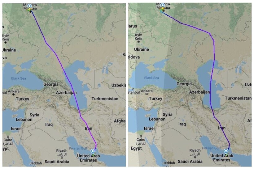 Маршруты Москва-Шарджа раньше и сейчас. Фото: flightradar24.com Маршруты Москва-Шарджа раньше и сейчас. Фото: flightradar24.com