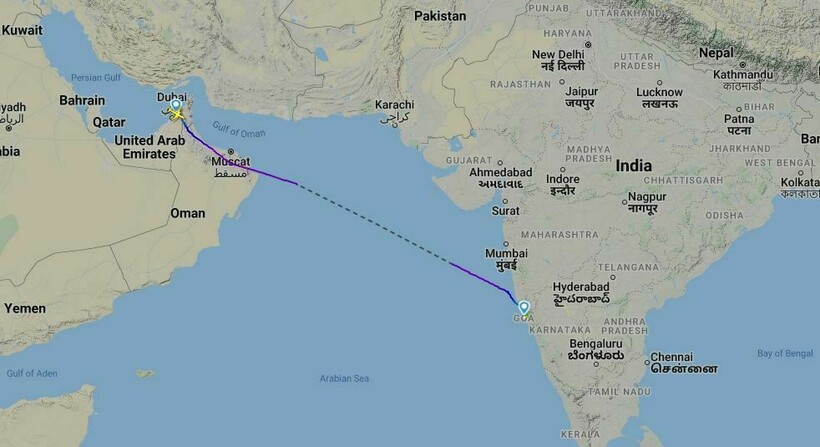 Маршрут полета из Шарджи на Гоа. Фото: flightradar24.com Маршрут полета из Шарджи на Гоа. Фото: flightradar24.com