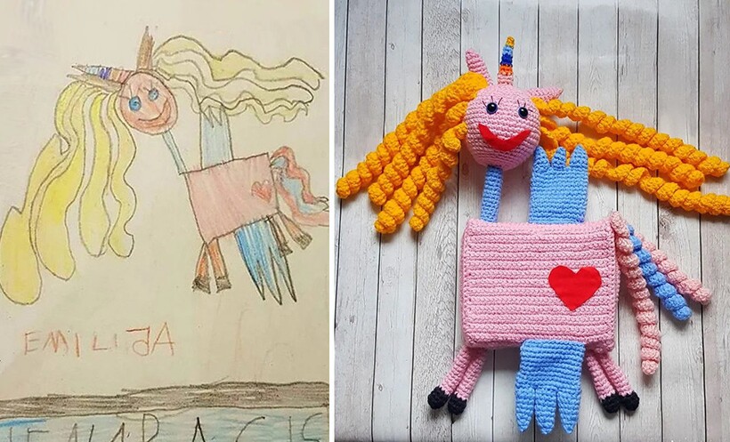 12 вязаных игрушек, созданных по рисункам детей, которые можно обнять