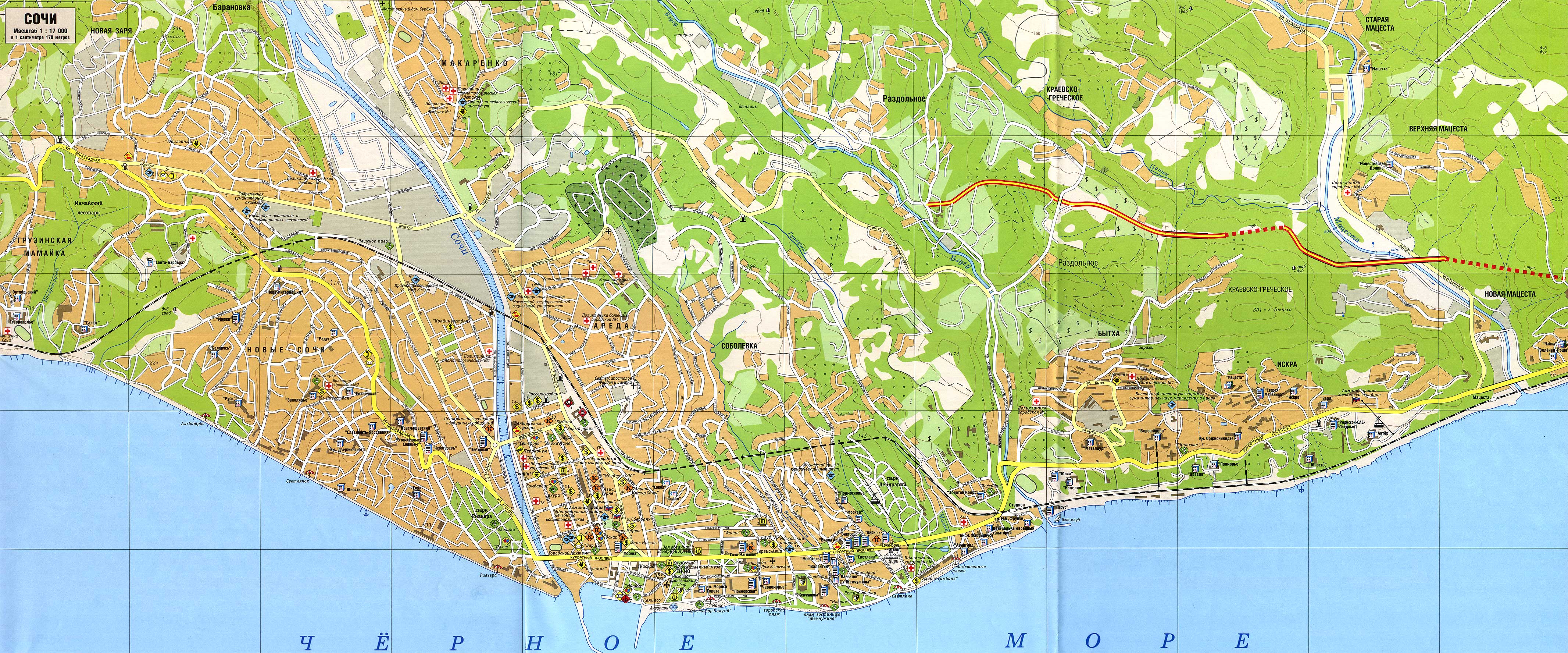 Карта Сочи (Россия) на русском языке, расположение на карте мира с городами, мет