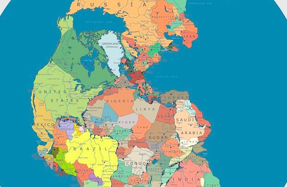 Карта, демонстрирующая, как выглядел бы мир, если бы Пангея все еще существовала