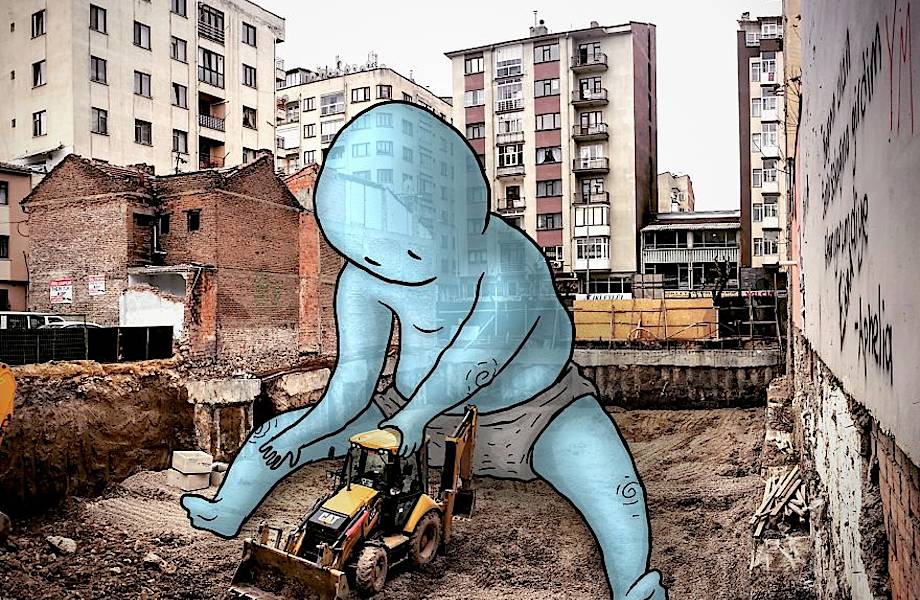 Если бы среди нас жили великаны: художник рисует забавных великанов на улицах города