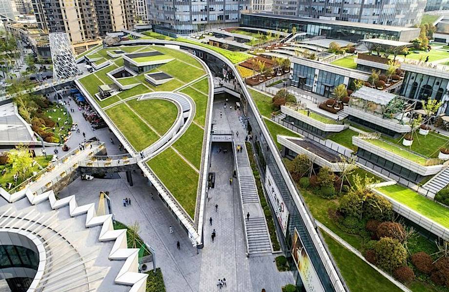 Фантастический зеленый уголок с многоуровневыми террасами и садами в центре Шанхая