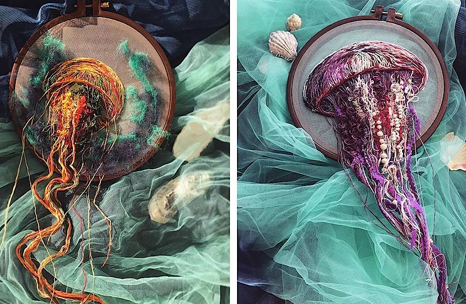 Художница вышивает потрясающих медуз, которые будто плывут сквозь пяльцы