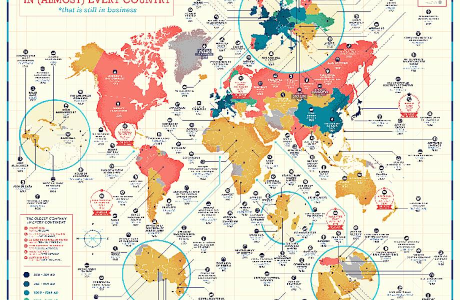 Красочные карты, показывающие старейшие компании в каждой стране 