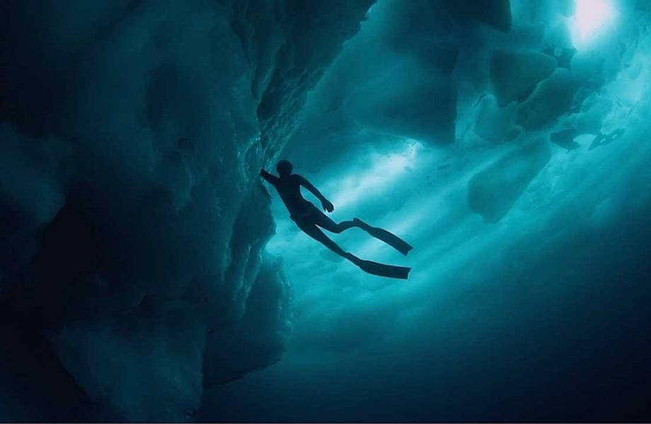 Видео: Дайвер проплывает под гренландскими айсбергами