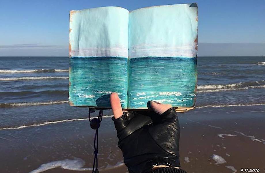 Художник соединяет свои рисунки моря с реальными морскими пейзажами 