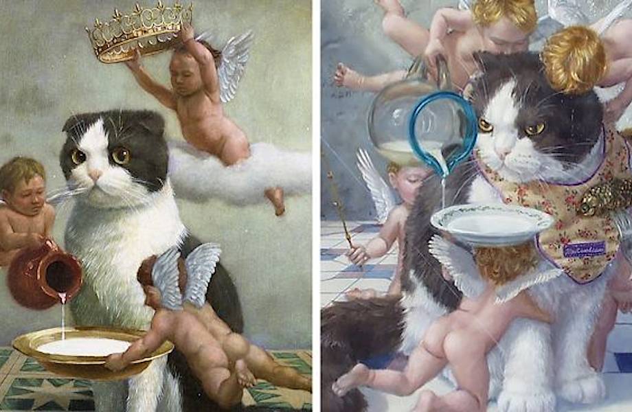 Японец изображает кошек на очень забавных картинах в классическом стиле