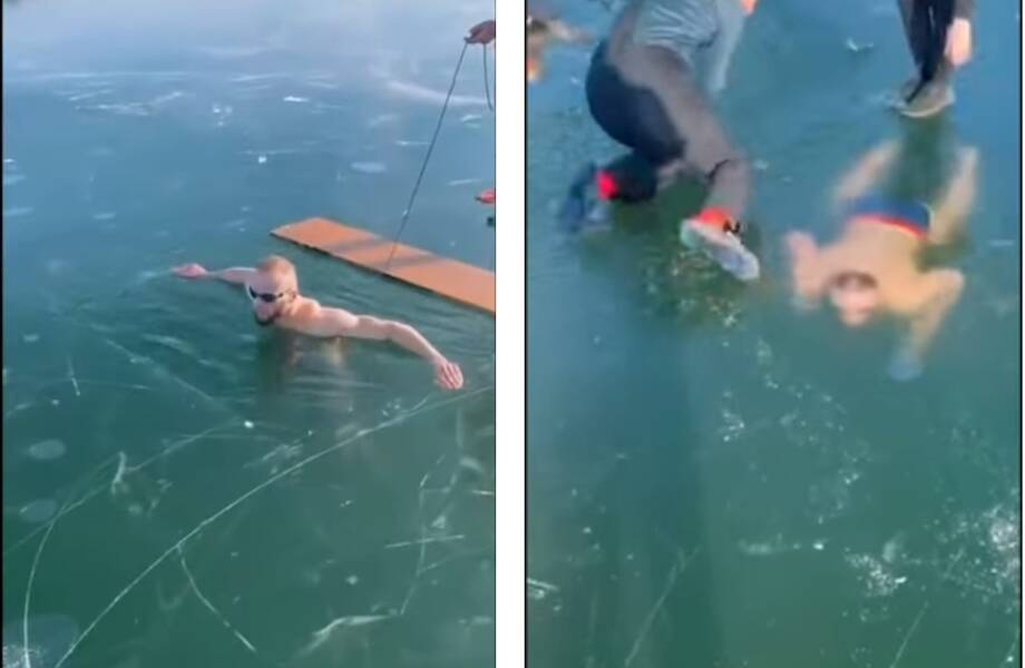 Видео: Профессиональный пловец наглядно показал, как сложно выбраться из-подо льда